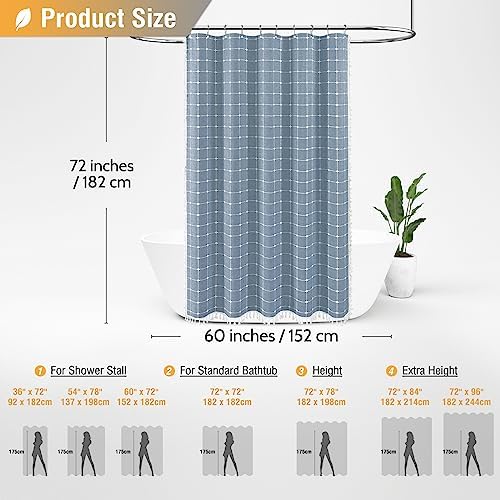 BTTN 60x72 Boho Farmhouse Linen Heavy Duty Fabric Shower Curtain Set, Blue
