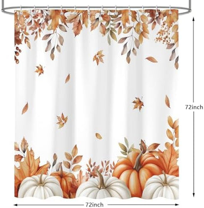 Fall Pumpkins Shower Curtain, Autumn Maple Leaf Leaves Harvest Thanksgiving Farmhouse Bathr Curtains Set,Waterproof Fabric Bathroom Curtains Decor 72 X 72 Inch