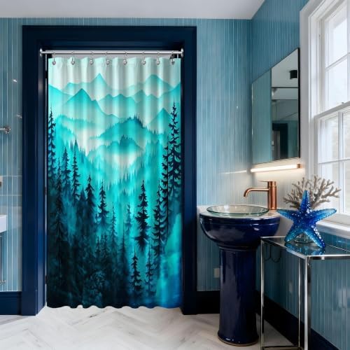 Dark Teal Forest Stall Shower Curtain, 48X72 in Narrow Small, Mountain