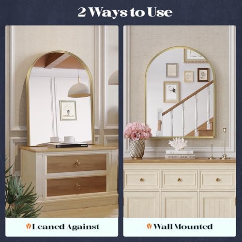 Gold Arched Bathroom Mirrors Pair, 2-Pack 22x30 Inch Metal Framed Arch Vanity Mirrors for Over Sink, Living Room Bedroom Mantel Entryway Hallways