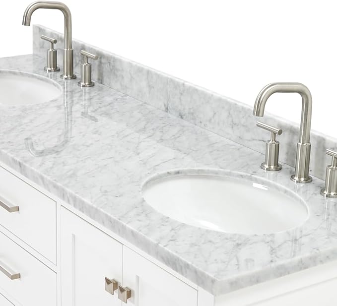 ARIEL Cambridge 66-inch Bathroom Vanity with Sink,Solid Wood, 1.5-inch Italian Carrara Marble Countertop & Backsplash, Double Oval Porcelain Sink, 4 Soft Closing Doors, 6 Dovetail Drawers, White