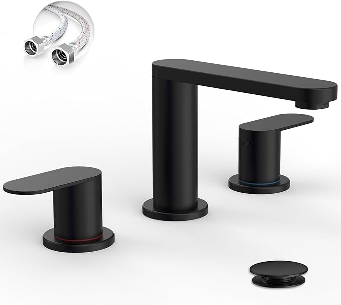 BWE Matte Black Bathroom Faucet 3 Hole - 8 Inch Widespread Bathroom Sink Faucet, Pop-up Drain and Supply Lines, 360° Swivel Spout 2-Handle Black Vanity Faucets for Bath
