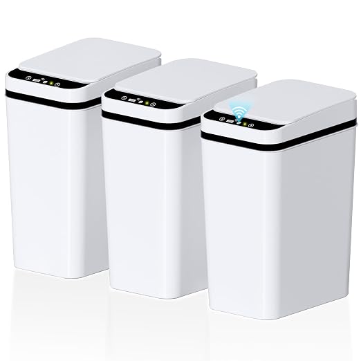 Bathroom Small Trash Can with Lid, Automatic Garbage Can, 2.6 Gallon | 3 Pack Touchless Slim Waterproof Motion Sensor Smart Trash Bin for Bedroom, Office, Living Room-White