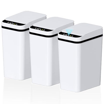 Bathroom Small Trash Can with Lid, Automatic Garbage Can, 2.6 Gallon | 3 Pack Touchless Slim Waterproof Motion Sensor Smart Trash Bin for Bedroom, Office, Living Room-White