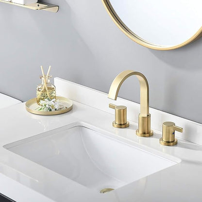 Phiestina 8 Inch 3 Hole 2 Handle Waterfall Widespread Brushed Gold Bathroom Sink Faucet with Metal Pop-Up Drain, WF040-1-BG