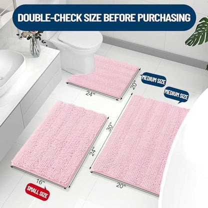 Grandaily Chenille Striped Bathroom Rugs 47x20, Extra Thick and Absorbent Bath Mats, Non-Slip Soft Plush Shaggy Shower Carpet, Machine Wash Dry, Bath Rug for Bathroom, Pink