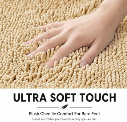 Bathroom Rugs Sets 2 Piece,Super Absorbent Soft,Thick,Machine Washable Chenille Bath Mat,Non Slip Toilet Floor Rug,Bath Mats for Bathroom,20x32 Plus 20x20 U Shape,Beige