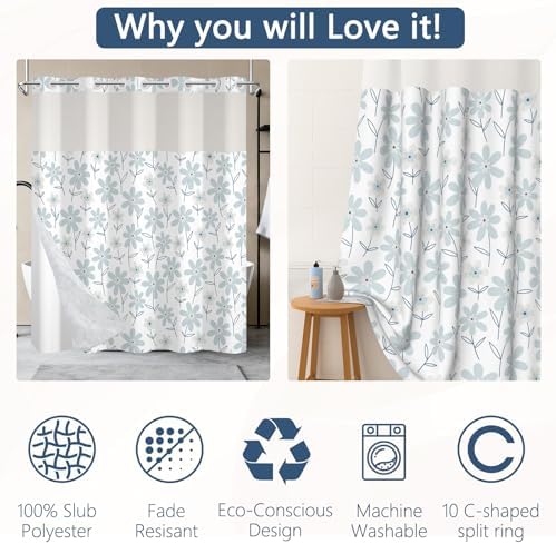 No Hook Shower Curtain with Snap in Liner 71x74 Inch