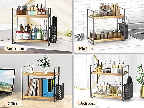 LEMIKKLE 2-Tier Wood Bathroom Counter Organizer with Basket,Waterproof Vanity Perfume Skincare Storage for Bathroom, Kitchen, Dresser