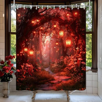 Fantasy Forest Path Shower Curtain Red Fairy Magical Enchanted Misty Jungle Mushroom Floral Tree Butterfly Lantern Wonderland Bath Curtain Fabric Bathroom Accessories Decor with Hooks 70W x90L