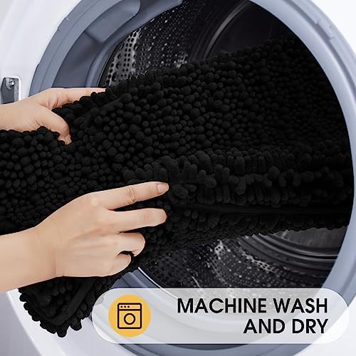 ACCUMTEK Upgrade Luxury Black Bathroom Rug Mat 32"x20", Ultra Soft Thick Absorbent Bath Mats, Non Slip Chenille Toilet Mat for Bathroom, Bedroom, Kitchen, Shower, Tub