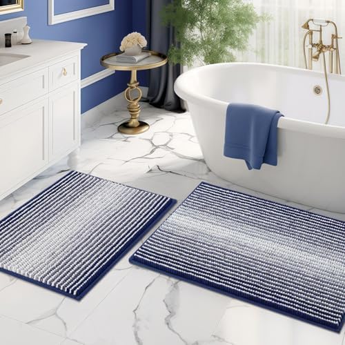 BSICPRO Bathroom Rugs Sets 2 Piece, Non Slip Striped Bath Mats, Navy