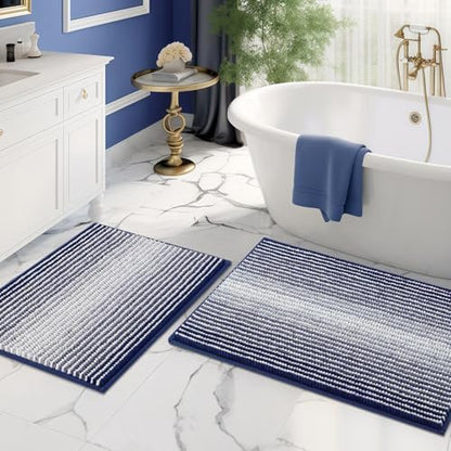 BSICPRO Bathroom Rugs Sets 2 Piece, Non Slip Striped Bath Mats, Navy