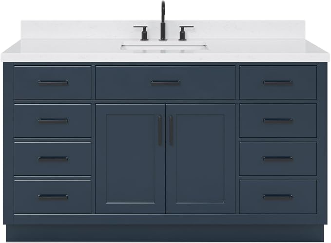 ARIEL Hepburn 60-inch Bathroom Vanity with Sink,Solid Wood, 1.5-inch Carrara White Quartz Countertop, Single Rectangular Porcelain Sink, 2 Soft Closing Doors, 9 Dovetail Drawers, Midnight Blue