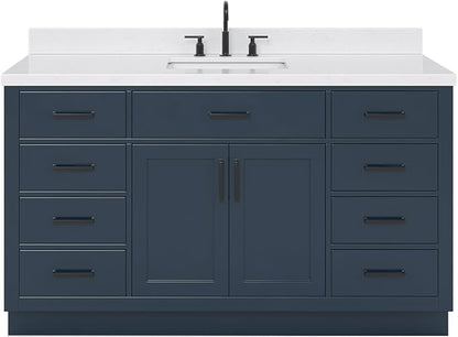 ARIEL Hepburn 60-inch Bathroom Vanity with Sink,Solid Wood, 1.5-inch Carrara White Quartz Countertop, Single Rectangular Porcelain Sink, 2 Soft Closing Doors, 9 Dovetail Drawers, Midnight Blue