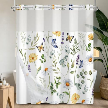 No Hook Flowers Shower Curtain with Snap-in Liner, 71x74 Inch