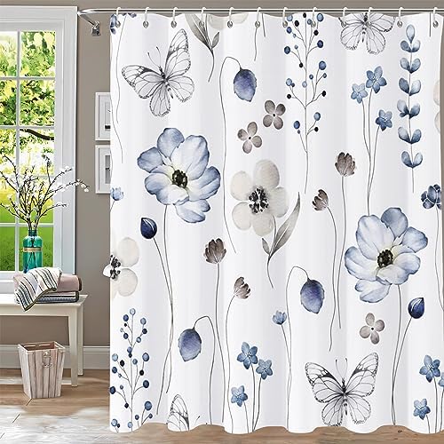Floral Shower Curtain,Shower Curtains for Bathroom,Blue Flower Shower Curtain Sets Leaf Shower Curtain Plants Blue White Fabric Waterproof Cloth Bathtub Curtains with Hooks 72x72 Inch