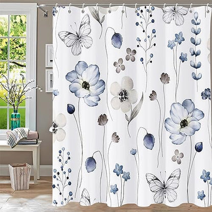 Floral Shower Curtain,Shower Curtains for Bathroom,Blue Flower Shower Curtain Sets Leaf Shower Curtain Plants Blue White Fabric Waterproof Cloth Bathtub Curtains with Hooks 72x72 Inch