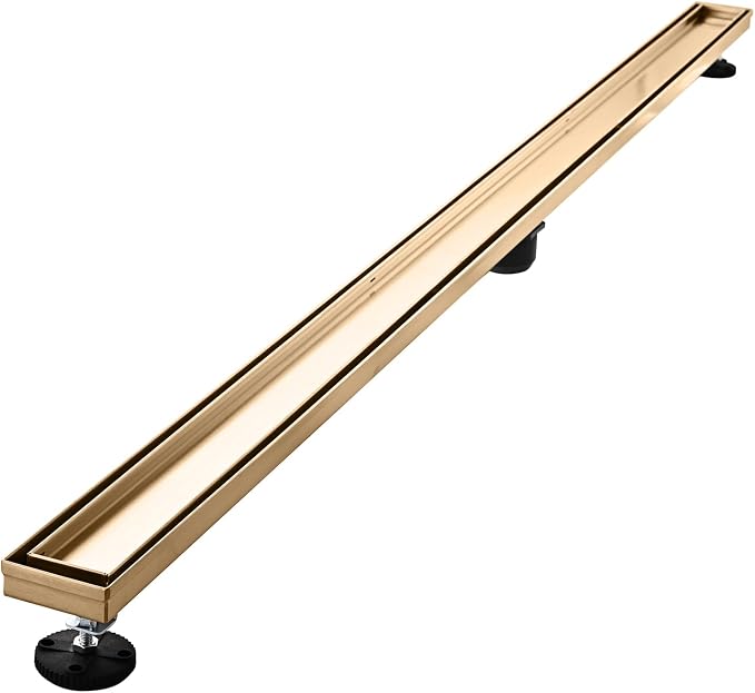 Linear Shower Floor Drain, Brushed Gold 60 Inch 304 Stainless Steel Bathroom Drains Kit, Rectangular Shower Trench Drain with Reversable Tile-in Pattern Drain Cover & Hair Catcher