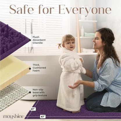 MAYSHINE Plush Shaggy Chenille Bath Mat | Extra Soft, Super Absorbent, Non-Slip Bathroom Rug | Fluffy Microfiber, Area Rug Sets for Bathroom Floor, Kitchen, Living Room | 47"x27" | Plum