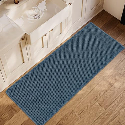 ZALL Blue Waffle Bath Mat,Super Absorbent Non Slip Bathroom Rug, 24x60inch, Machine Washable Ultra Soft Floor Mats