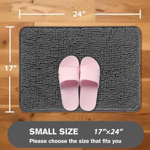 Gray Bathroom Rugs – Absorbent and Washable Bath Mat, Non-Slip, Thick Soft Chenille Bath Rugs for Bathroom Floor, Shower, Sink - 17" x 24"