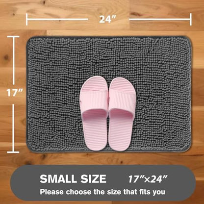 Gray Bathroom Rugs – Absorbent and Washable Bath Mat, Non-Slip, Thick Soft Chenille Bath Rugs for Bathroom Floor, Shower, Sink - 17" x 24"