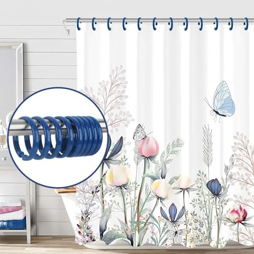 Navy Blue Shower Curtain Hooks - 12 Pcs Circular Plastic Shower Curtain Rings for Bathroom - O Shaped Dark Blue Shower Hooks Rings for Shower Curtain Rod