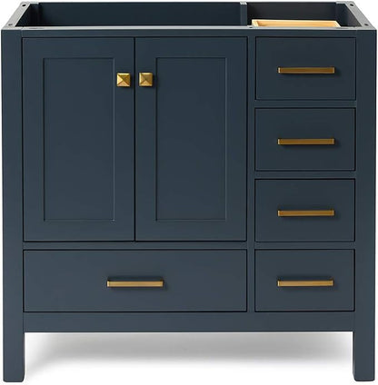 ARIEL Cambridge 36-inch Bathroom Vanity Base Cabinet,Solid Wood, 2 Soft Closing Doors, 5 Dovetail Drawers, Midnight Blue