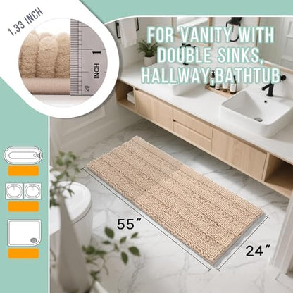 Yimobra Bathroom Runner Rugs 55"x24", Non Slip and Absorbent Bath Mat, Super Soft Water Absorbent Hallway Carpet, Machine Washable Rug for Vanity Tub Shower, Beige