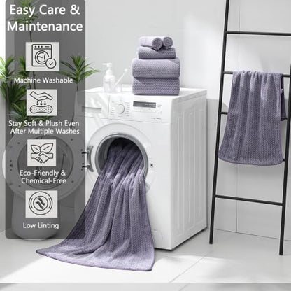 18 Piece Bath Towels Set,100% Microfiber Family Bathroom Towel with Hanging Loops-6 Bath Towels,6 Hand Towels,6 Washcloths,Quick Dry Highly Absorbent Shower Towel for Bathroom,Hotel,Spa-Dark Purple
