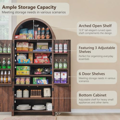 IFGET 71" Tall Arched Kitchen Pantry, Modern Fluted Storage Cabinet, Brown