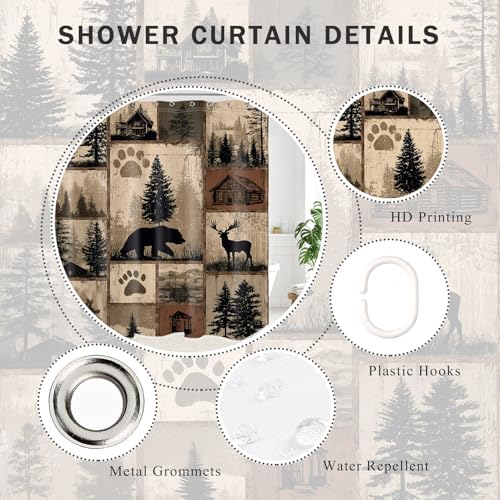 Rustic Cabin Patchwork Shower Curtain for Bathroom, Wild Animal Bear and Deer Brown Vintage Plaid Woodland Lodge Shower Curtain Country Bathroom Decor Accessories with Hooks, 60W X 72L inches