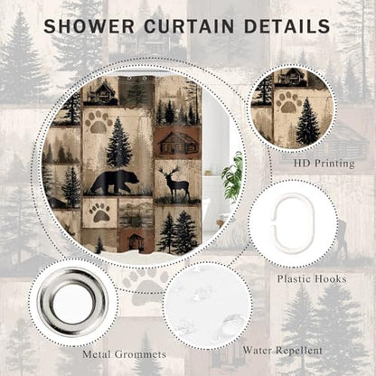 Rustic Cabin Lodge Bear Shower Curtain, Brown Forest, 72x72 inch