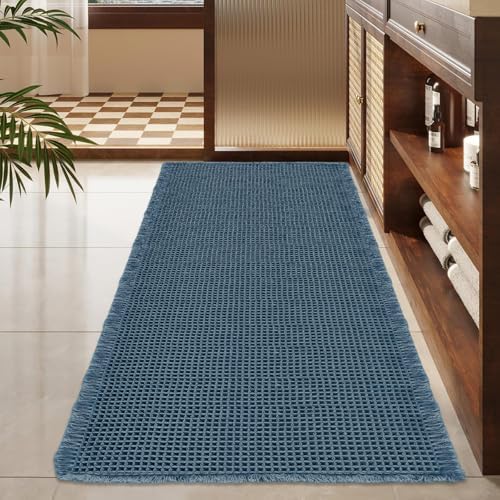 ZALL Blue Waffle Bath Mat,Super Absorbent Non Slip Bathroom Rug, 24x48inch, Machine Washable Ultra Soft Floor Mats