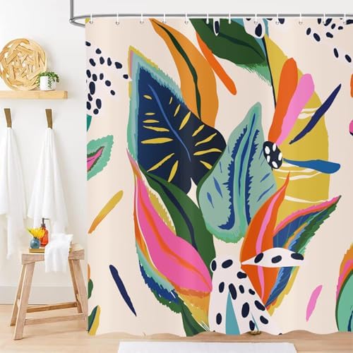deFouliao Boho Shower Curtain, Colorful Floral Waterproof Shower Curtain for Bathroom with Modern Abstract Art Jungle Plant Leaf Bathroom Bathtub Home Curtain Decor, Washable with Hooks, 72Wx78L