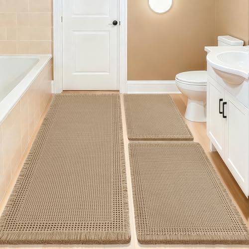 Upgrade Waffle Bath Mat Set 3 Piece, Boho Bathroom Rugs Absorbent Non Slip, Ultra Soft Bathroom Mat, Machine Washable Knit Bath Rugs with Border for Bathroom, Bedroom, Kitchen, Shower, Tub, Beige