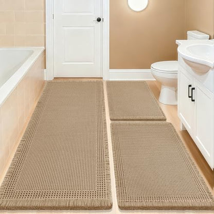 Upgrade Waffle Bath Mat Set 3 Piece, Boho Bathroom Rugs Absorbent Non Slip, Ultra Soft Bathroom Mat, Machine Washable Knit Bath Rugs with Border for Bathroom, Bedroom, Kitchen, Shower, Tub, Beige