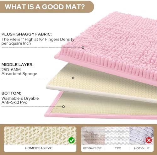 HOMEIDEAS Light Pink Chenille Bathroom Rugs Set of 3, Non Slip Bath Mat