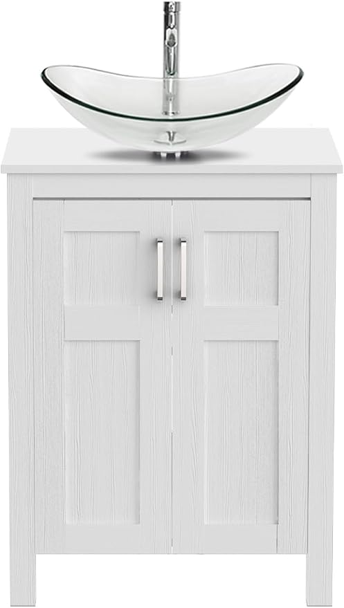 YOURLITE 24 Inches Traditional Bathroom Vanity Set with Single Faucet Hole, Clear Boat Glass Sink, White Finish, 2-Door Cabinet