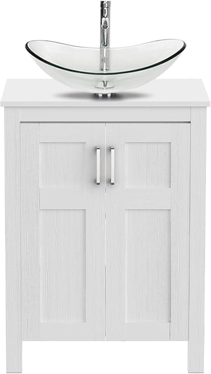 YOURLITE 24 Inches Traditional Bathroom Vanity Set with Single Faucet Hole, Clear Boat Glass Sink, White Finish, 2-Door Cabinet