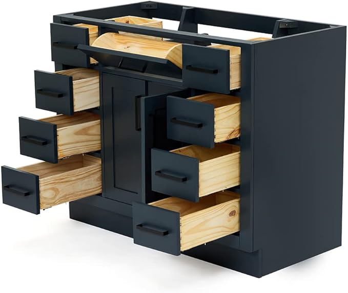 ARIEL Hepburn 42-inch Bathroom Vanity Base Cabinet,Solid Wood, 2 Soft Closing Doors, 9 Dovetail Drawers, Midnight Blue
