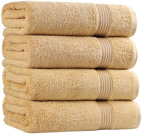 Superior Egyptian Cotton 4-Piece Bath Towel Set for Shower, Bath, Spa, Resort, Hotel, Soft Body Towels, Airbnb Essentials, Apartment, Dorm, Quick Dry, Absorbent, Bathroom Basics, Gold
