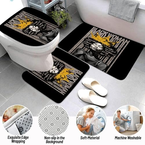 4Pcs Praying Black Queen Shower Curtain Set, Inspirational Quote African American Woman Shower Curtains with Rugs Toilet Lid Cover Bath Mat, Waterproof Fathers Day Bathroom Decor Sets