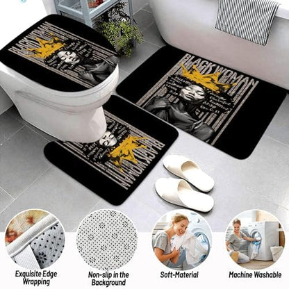 4Pcs Praying Black Queen Shower Curtain Set, Inspirational Quote African American Woman Shower Curtains with Rugs Toilet Lid Cover Bath Mat, Waterproof Fathers Day Bathroom Decor Sets