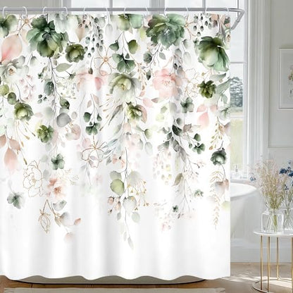 Green Pink Floral Spring Summer Rustic Bathroom Shower Curtain Set