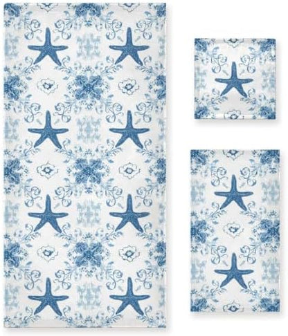 Naanle 3D Starfish and Seashells on Sand Beach Soft Decorative Set of 3 Towels, 1 Bath Towel+1 Hand Towel+1 Washcloth, Multipurpose for Bathroom, Hotel, Gym, Spa and Beach