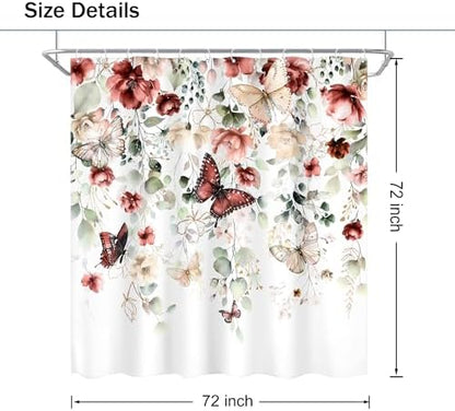 Red Floral Butterfly Summer Spring Plant Bathroom Shower Curtain Set