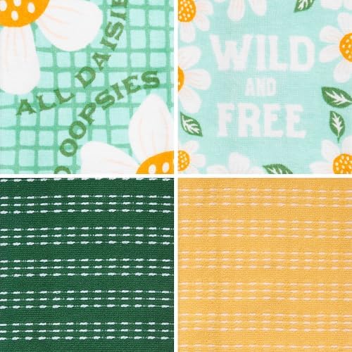 Ritz 4-Piece Kitchen Towel Set, All Daisies & Wild and Free Floral Prints with Pine Green & Yellow Textured Terry, 100% Cotton & Absorbent Blend, 16" x 26", Boho Spring Daisy Kitchen Decor
