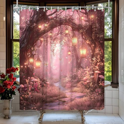 Fantasy Forest Path Shower Curtain Pink Fairy Magical Enchanted Misty Jungle Mushroom Floral Tree Butterfly Lantern Wonderland Bath Curtain Fabric Bathroom Accessories Decor with Hooks 84W x70L